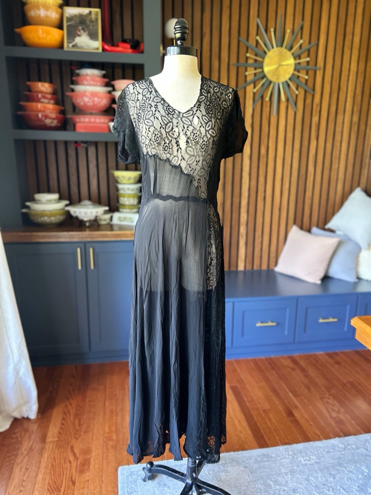 Vintage Black Lace Dress Art Deco Sheer Applique Evening Sleeveless 1930s