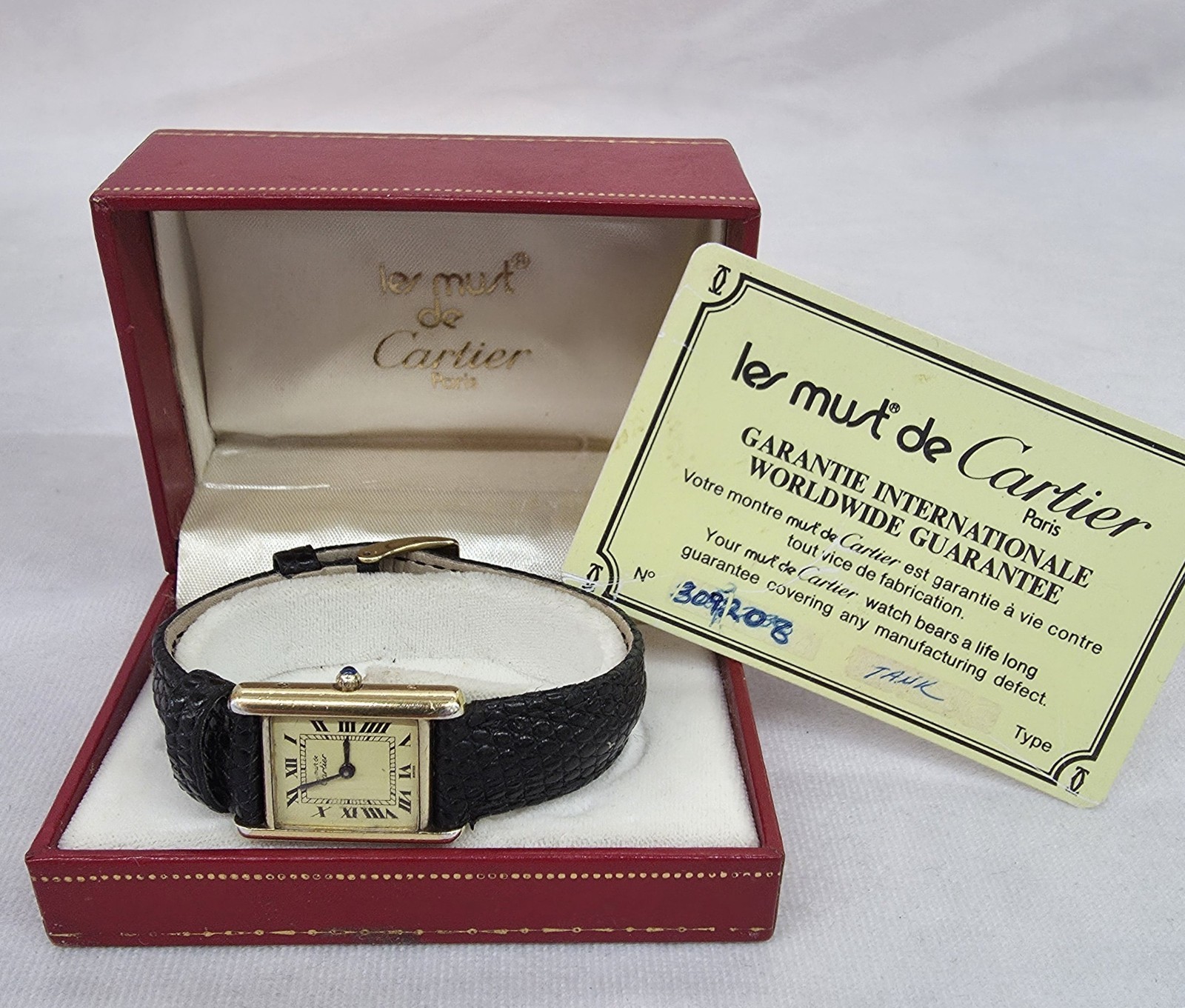 Vintage Must de Cartier Tank Watch 925 Vermeil Mechanical + Box & COA OR G 20M