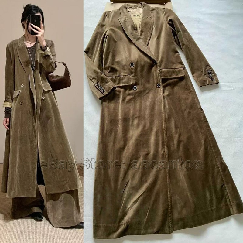Vintage UMA Women's Velvet Lapel Long Trench Coat Double-Breasted Coats Jackets