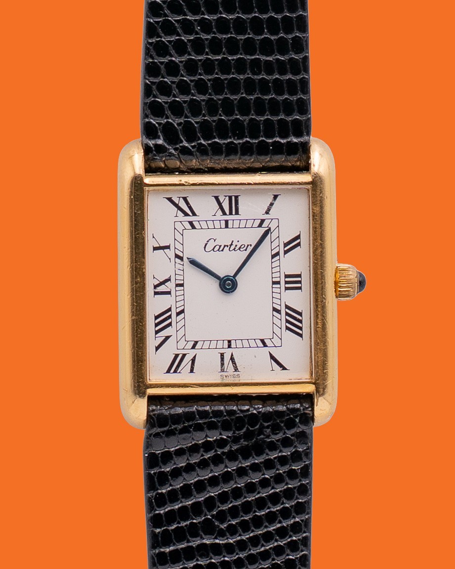 Vintage Cartier Tank 23x30mm Vermeil White Roman Black Dial 18KT Plated Case