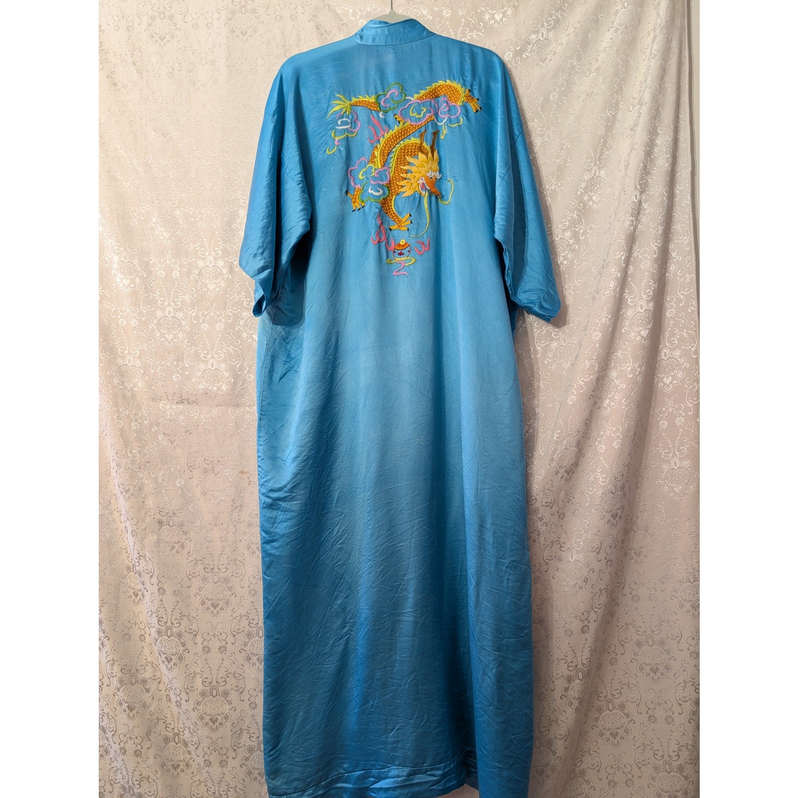 VTG 70s 80s Peacock Brand Silk Dragon Embroidered Kimono Robe Blue M