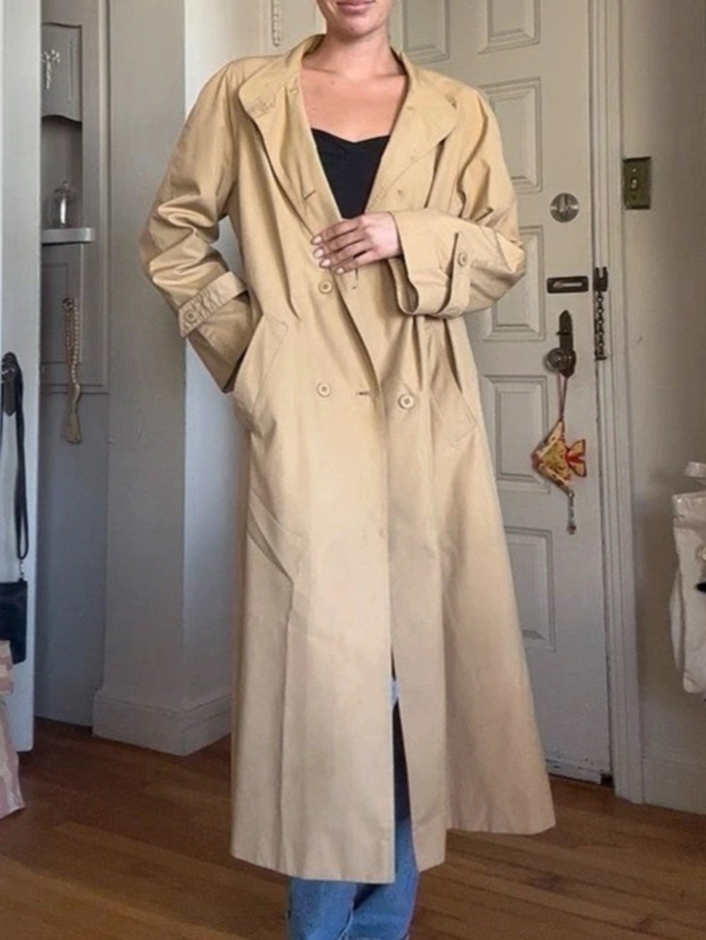 Vintage Trigere Beige Trench Coat Double Breasted Full Length Womens M