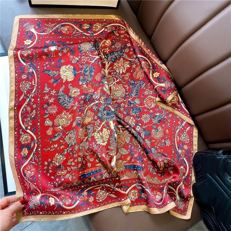 100% Mulberry Silk 27" Square Women Scarf Vintage Red Flower Neckerchief Wrap