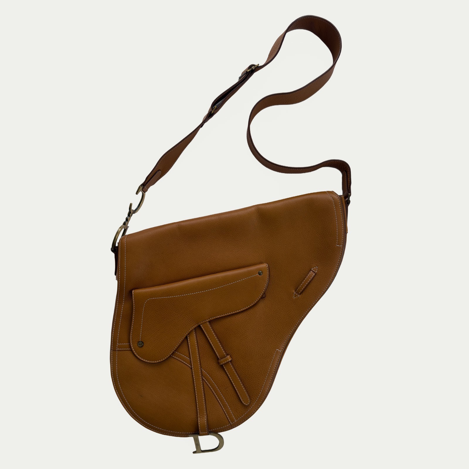 Christian Dior Vintage Baudrier Saddle Messenger Bag Tan Leather Galliano Men