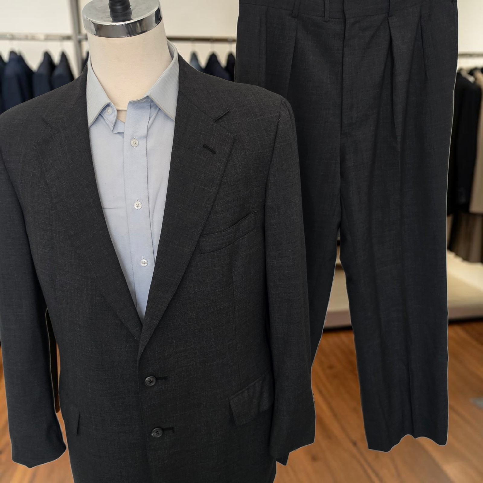 Vtg 1970s Ralph Lauren Suit 44r 34x29 Chaps 24 Inch Arms Charcoal Virgin Wool