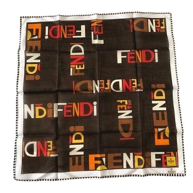 Fendi Silk Scarf Brown Multi Color Logo Print Checkered Border 22x22