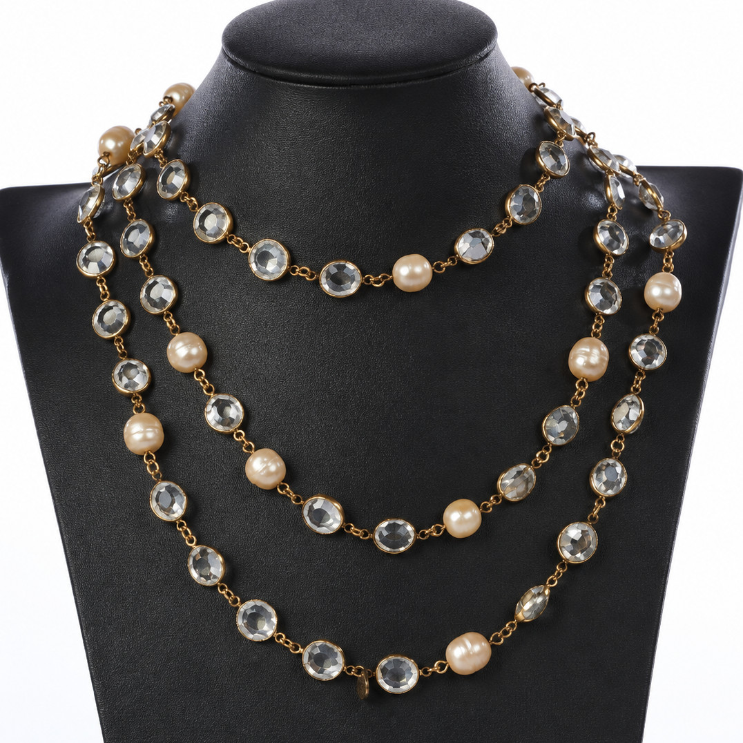 Chanel 62" Long Gripoix Pearl Clear Crystal Sautoir Necklace Gold Vintage CC