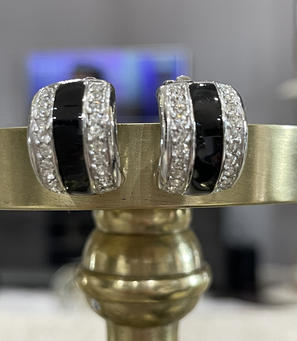 Vintage Signed Givenchy Clip On Earrings Silver Tone Black Enamel Cubic Zirconia