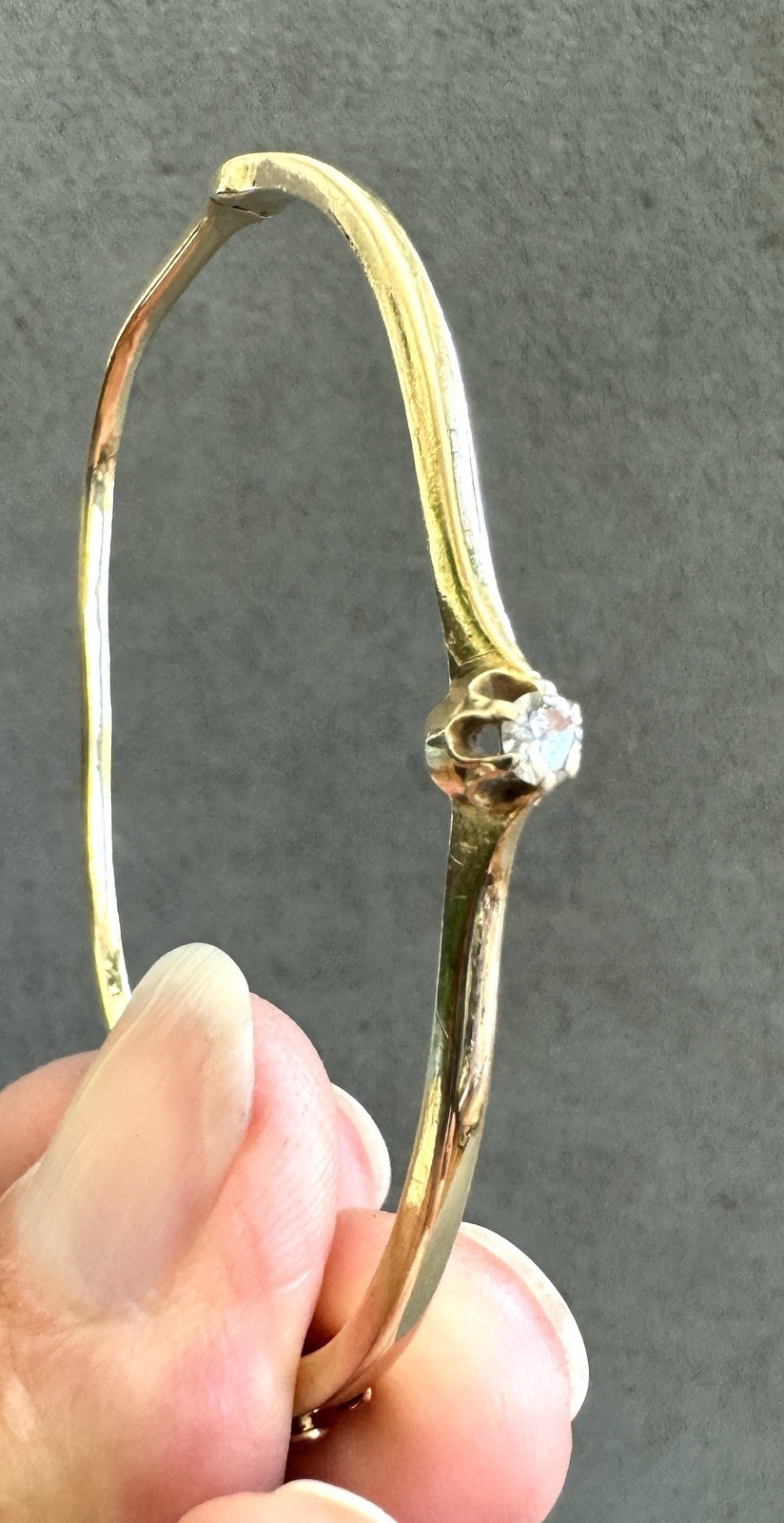 Vintage 14K GOLD + Big DIAMOND Solitaire BANGLE BRACELET Hinged 6.5" Inside