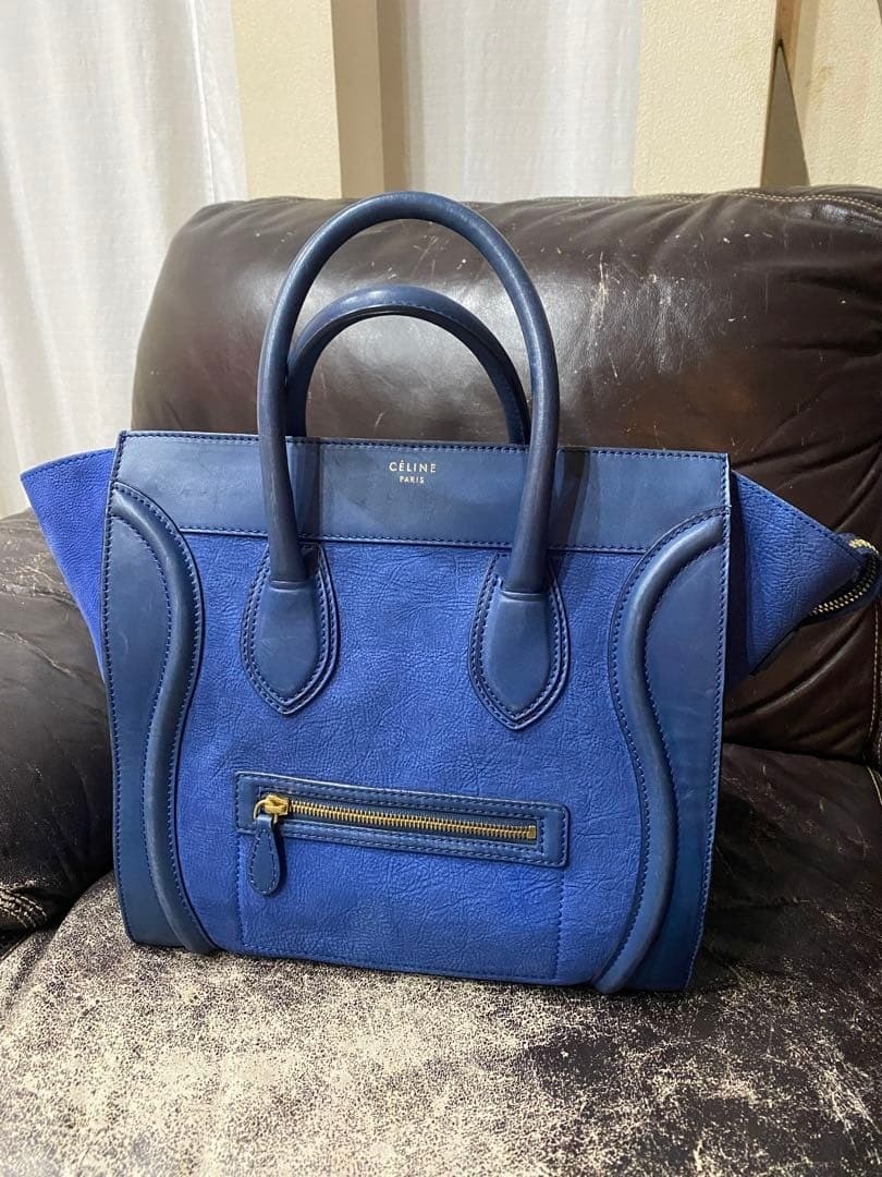 Celine Luggage Mini Shopper Blue Leather Tote Bag Auth Combination Vintage Rare