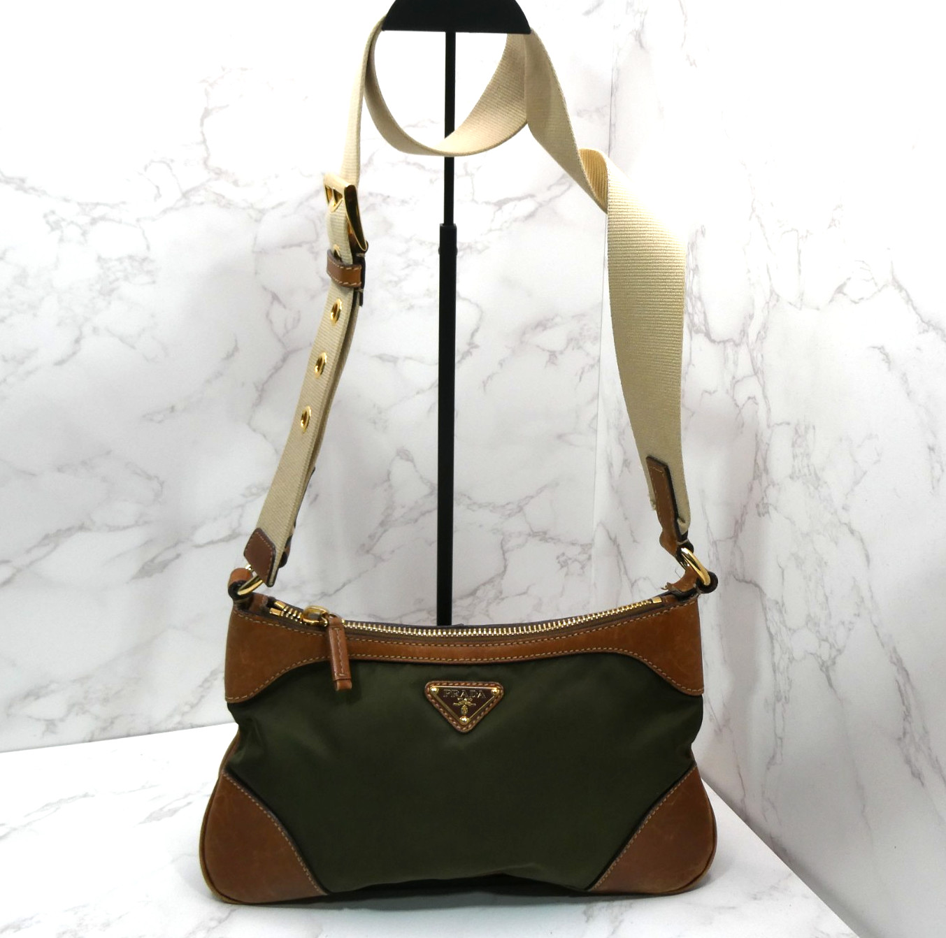 Prada Vintage Nylon Leather Trim Shoulder Bag Olive Green Tan Gold Hardware