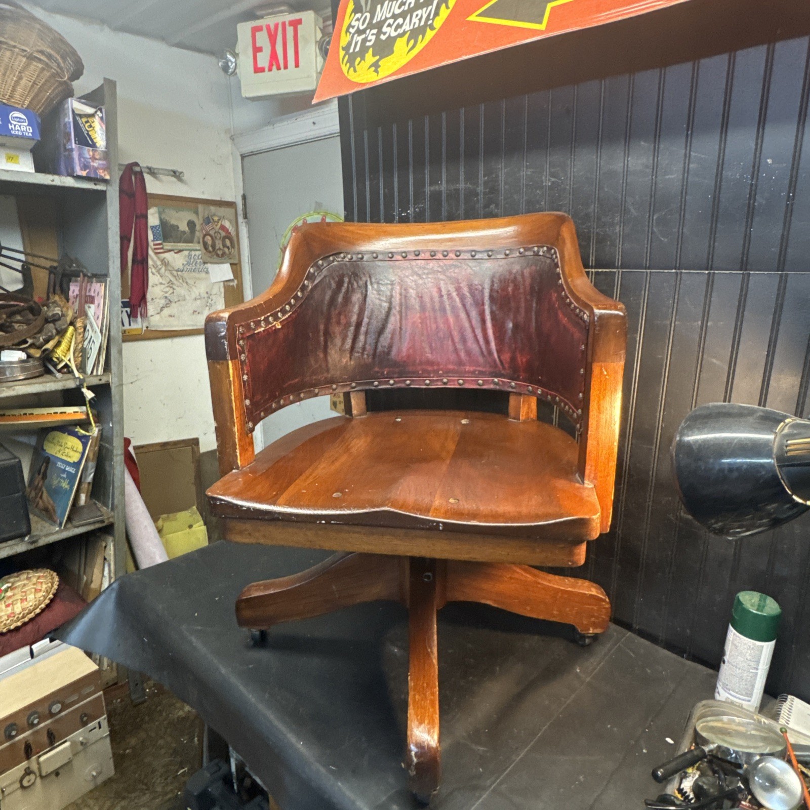 Antique Solid Oak  Wood Bankers Swivel Desk Chair Leather Back  Free Shipping