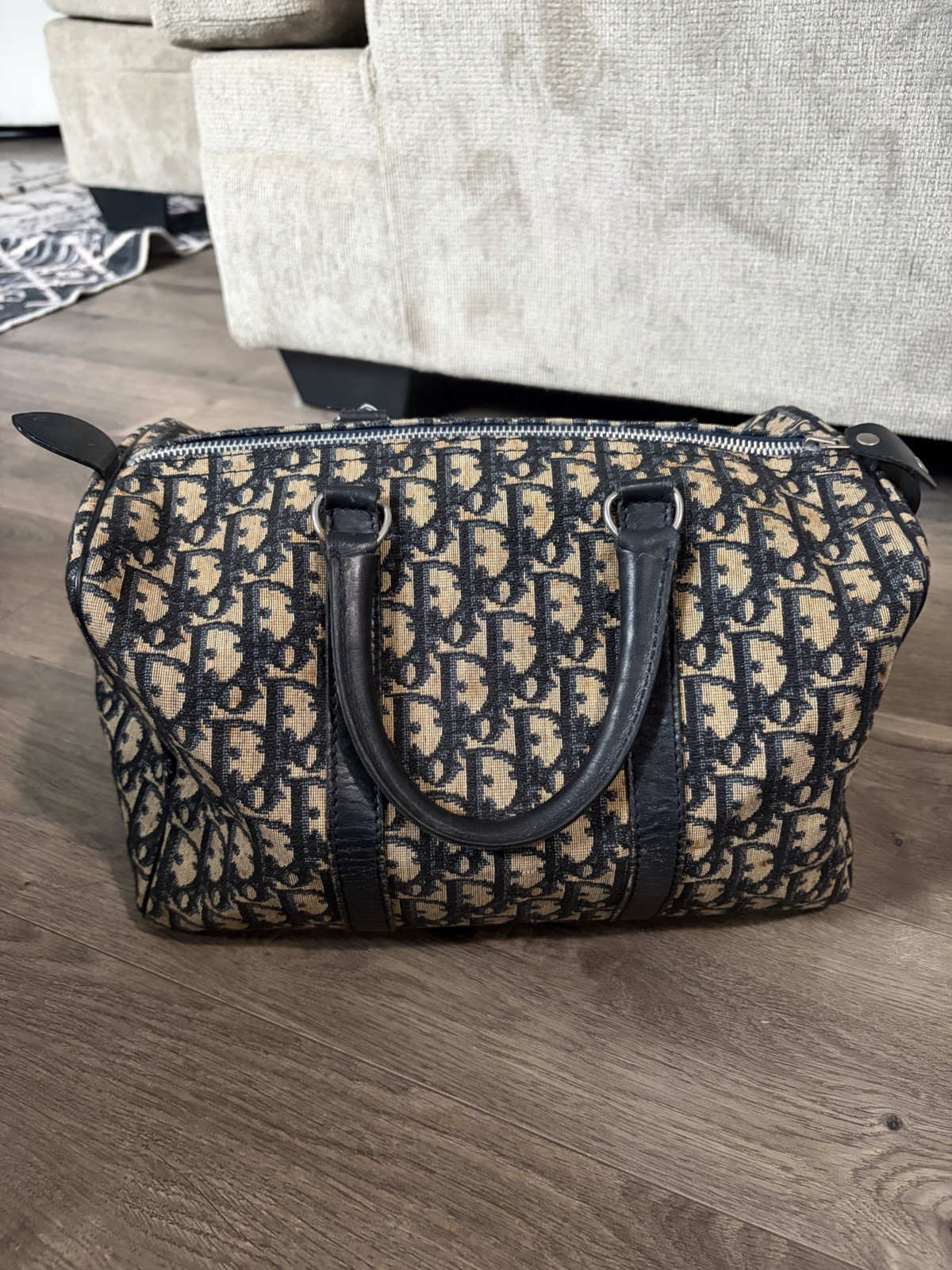 Authentic Vintage Dior Trotter Boston Bag Navy Beige Canvas