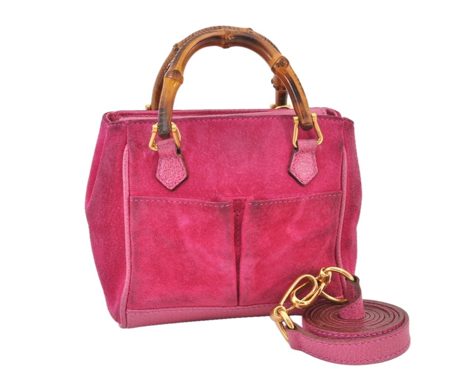 Authentic GUCCI Vintage Bamboo 2Way Shoulder Hand Bag Suede Leather Pink 779AB