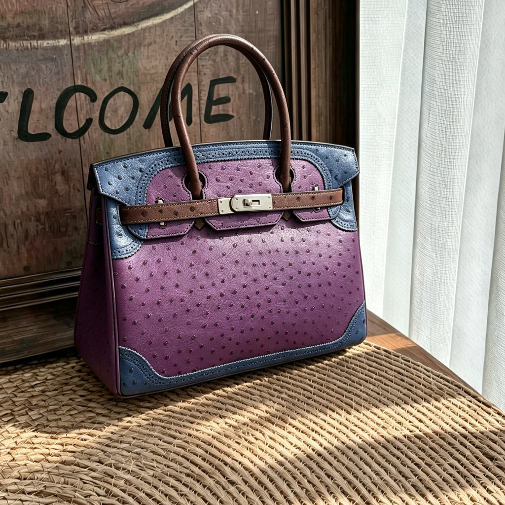 Hermès Birkin 30 Violet SHW Ostrich Leather Lace Top Handle Bag Vintage Rare