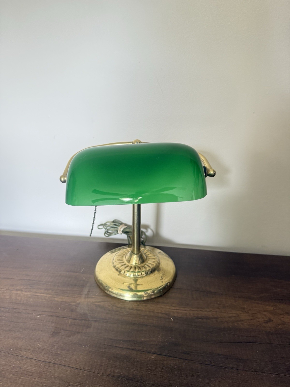 Vintage Green Bankers Desk Lamp Glass Shade Brass Pull Chain Library Students