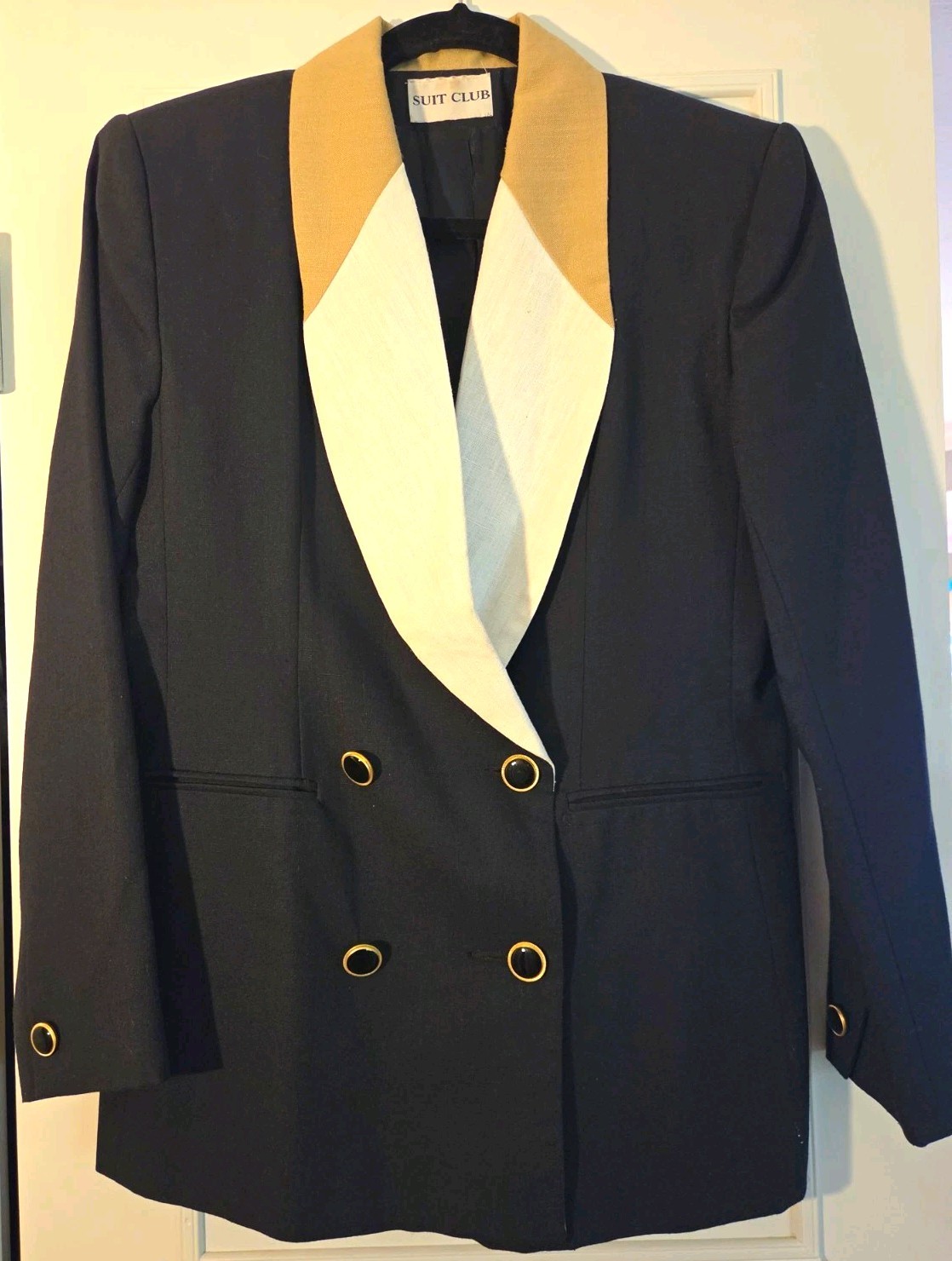 Vintage Black Women's Double Breasted Blazer Tan And White Linen Look Collar 4