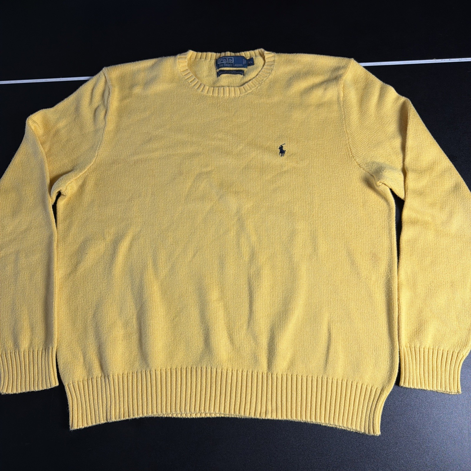 Vintage Polo Ralph Lauren Cable Knit Sweater XL Yellow 100% Wool Flawed 90s Ivy