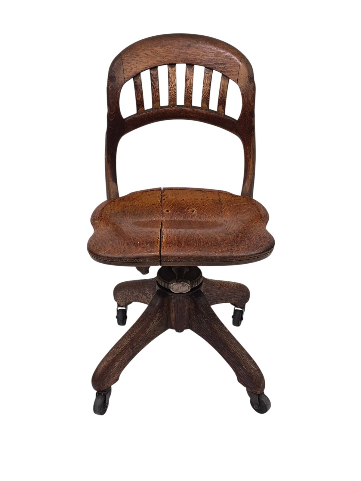Antique Bankers Office Chair Wood Vintage Industrial Desk Accent Swivel Rolling