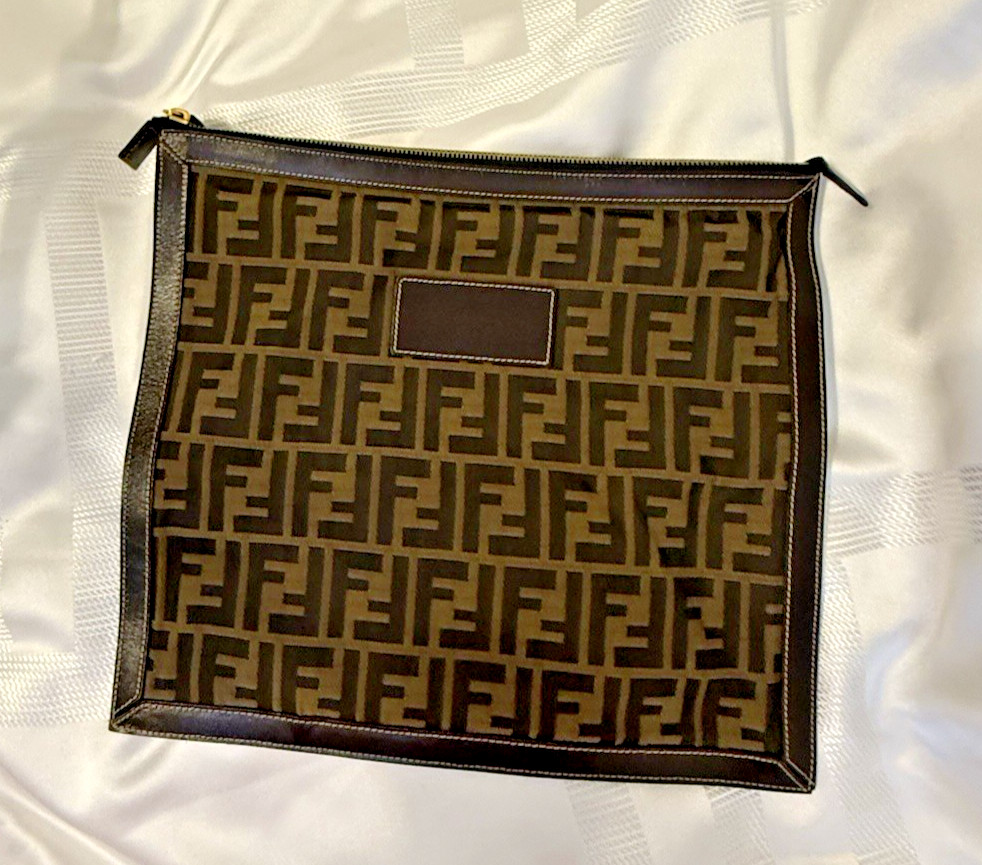Authentic Fendi Zucca FF Monogram Vintage Clutch Bag Brown Canvas Leather