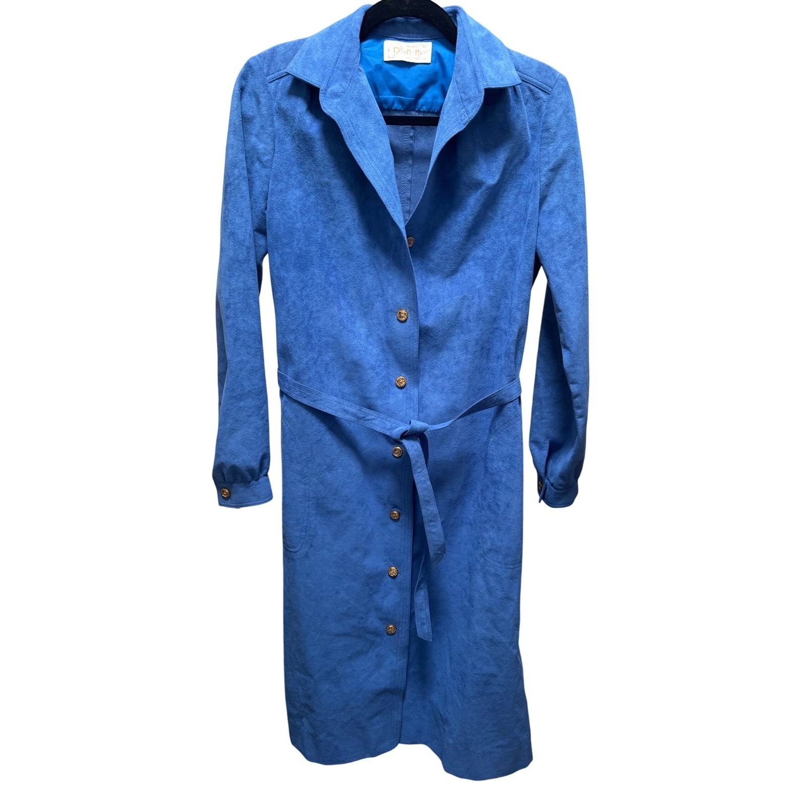 Vintage Di-Rue California Blue Ultrasuede Button Front Belted Trench Coat SZ 12