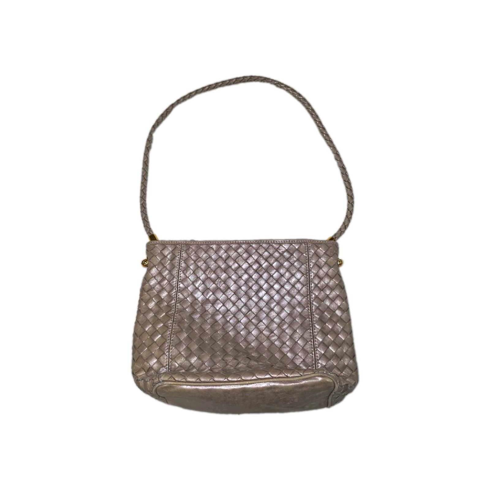 Bottega Veneta Intrecciato Shoulder Bag Leather Taupe Gold Clasp Vintage