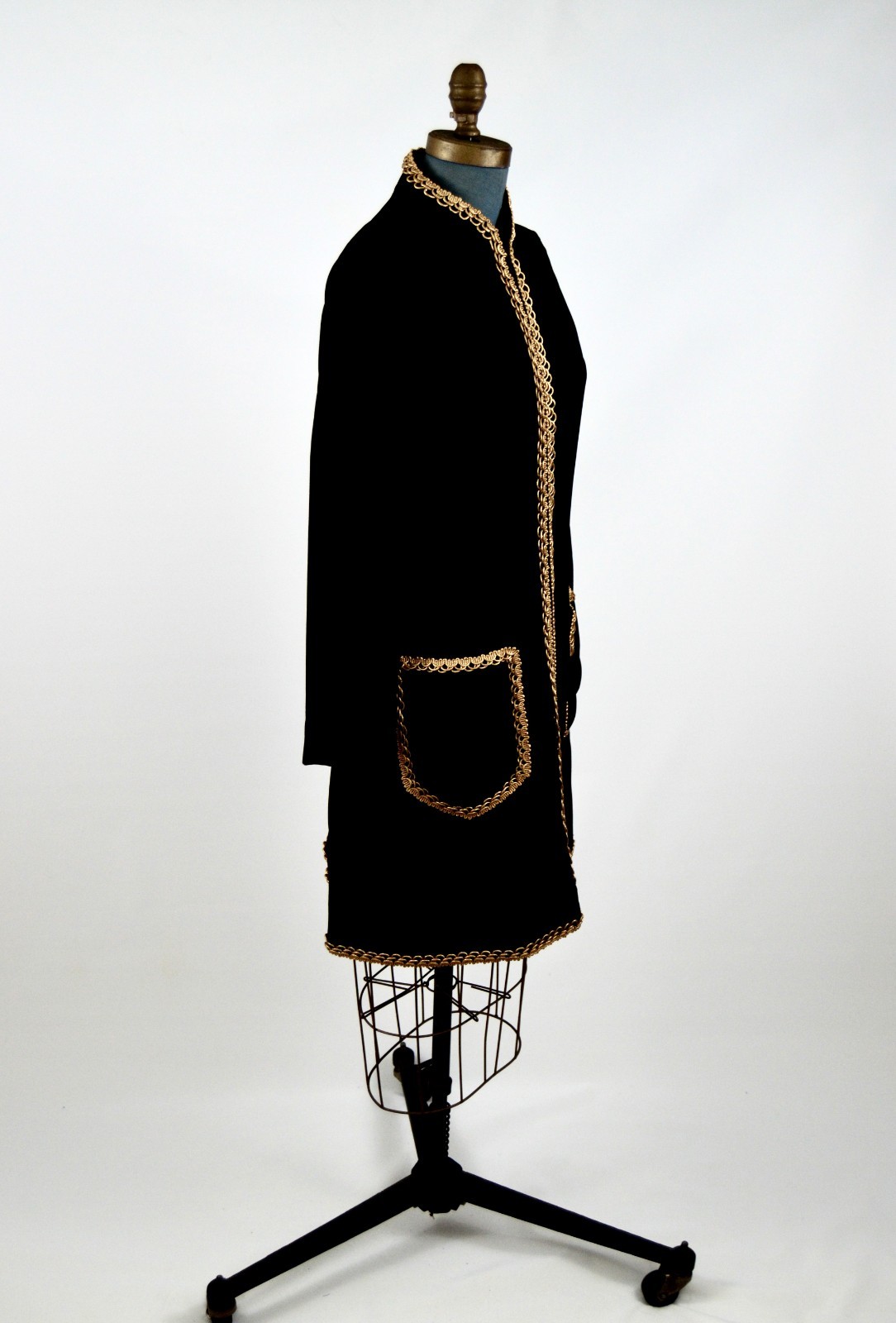 VTG 1960s Oscar de la Renta Boutique Black Velvet Shift Dress Gold Trim MINT