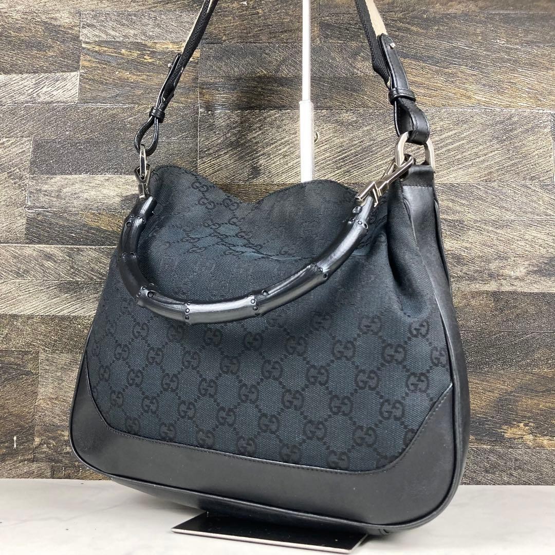 GUCCI Bamboo GG Canvas Shoulder Bag 27cm/10.6in Black 2Way Vintage Used Japan