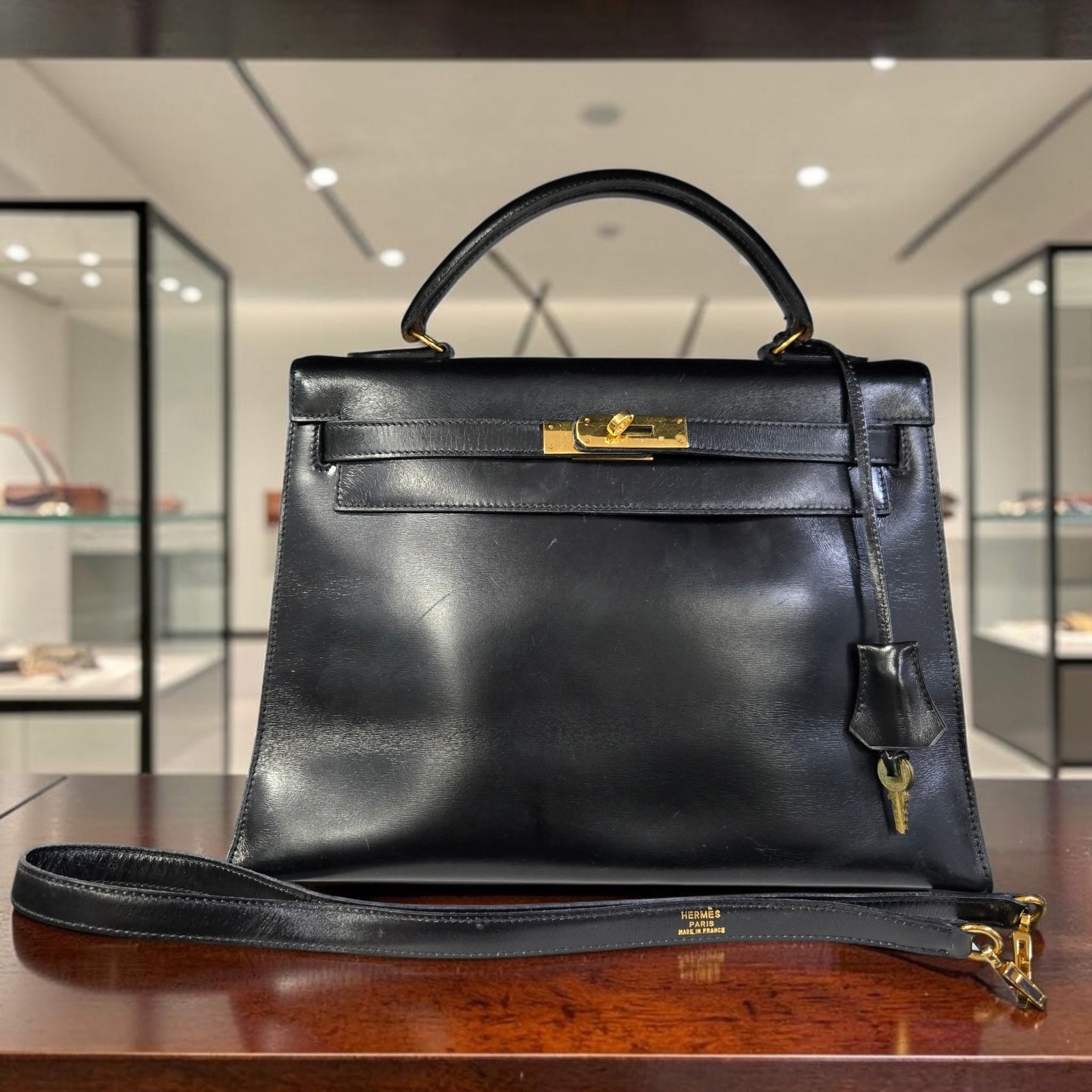 HERMES Vintage Kelly Bag Black Box Calf With Shoulder Strap