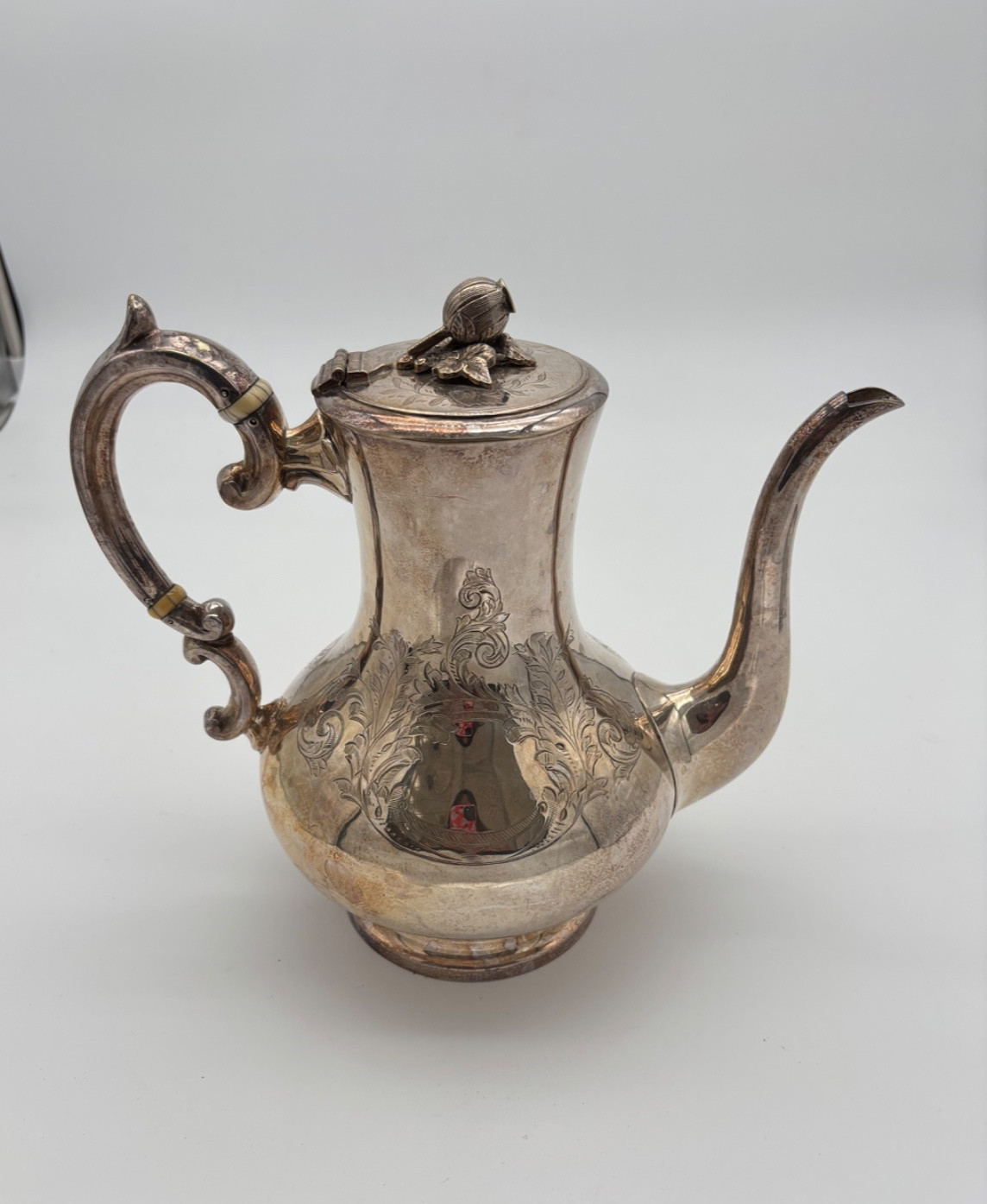 Vintage Silver-Plated Coffee Pot with Floral and Scroll-Engraved Body approx. 9"