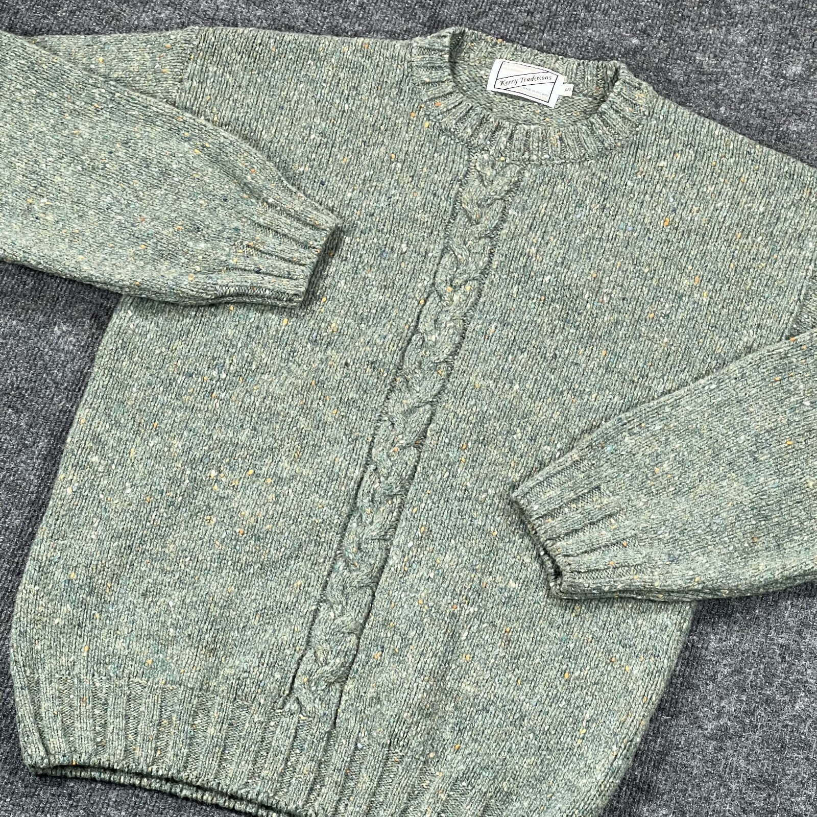 Vintage Kerry Tradtions Cable Knit Wool Fisherman Sweater Small Flecked Green