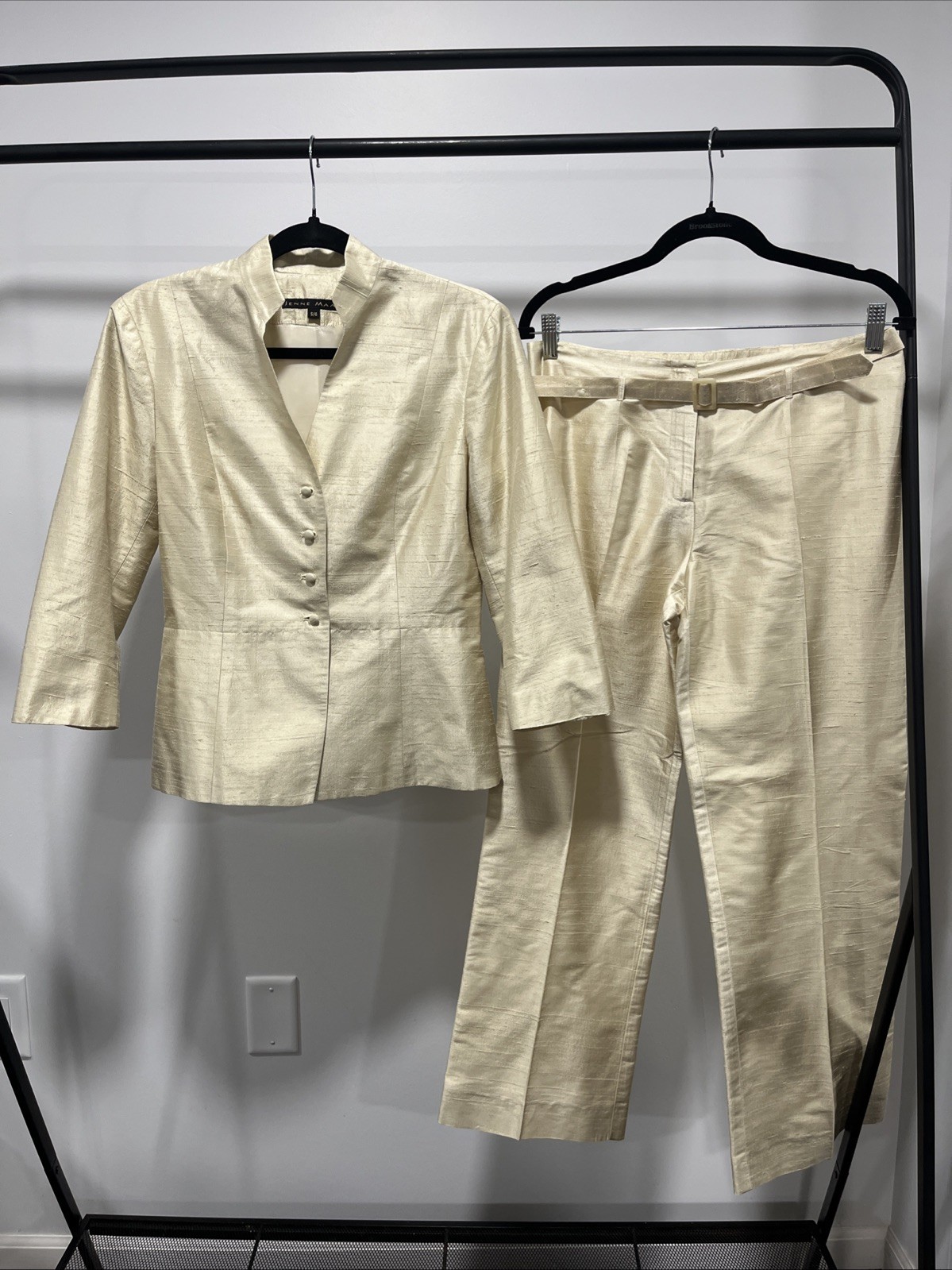 JENNE MAAC Women's Size S 100% Silk Suit Set Jacket and Pants Ivory Vintage 90s