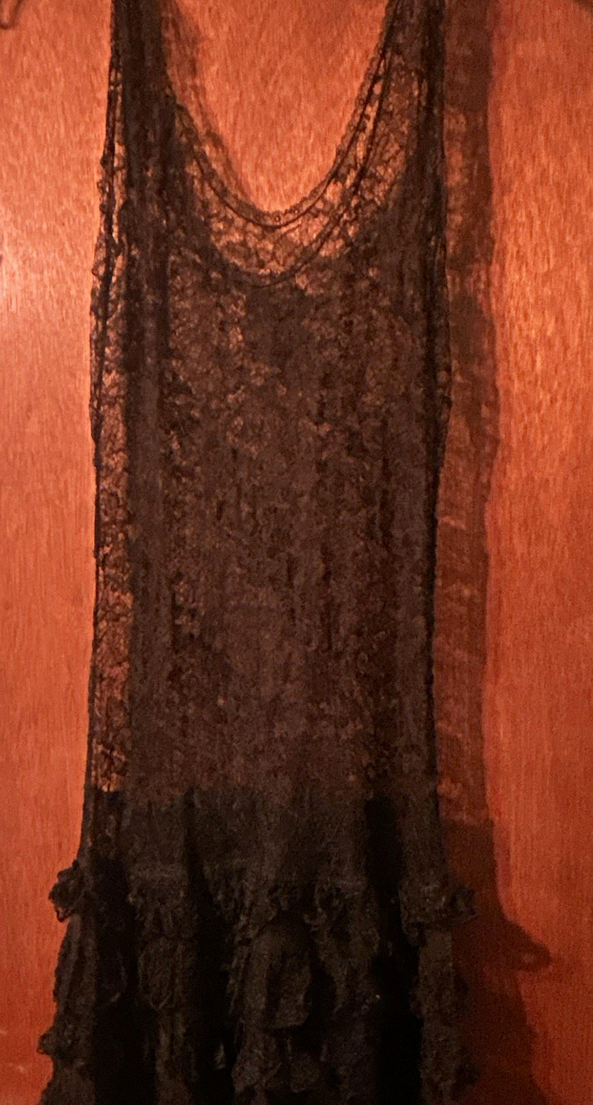 Antique 1920’s XS Black Lace Sleeveless Chemise OverDress Round Neck Ruffle Hem