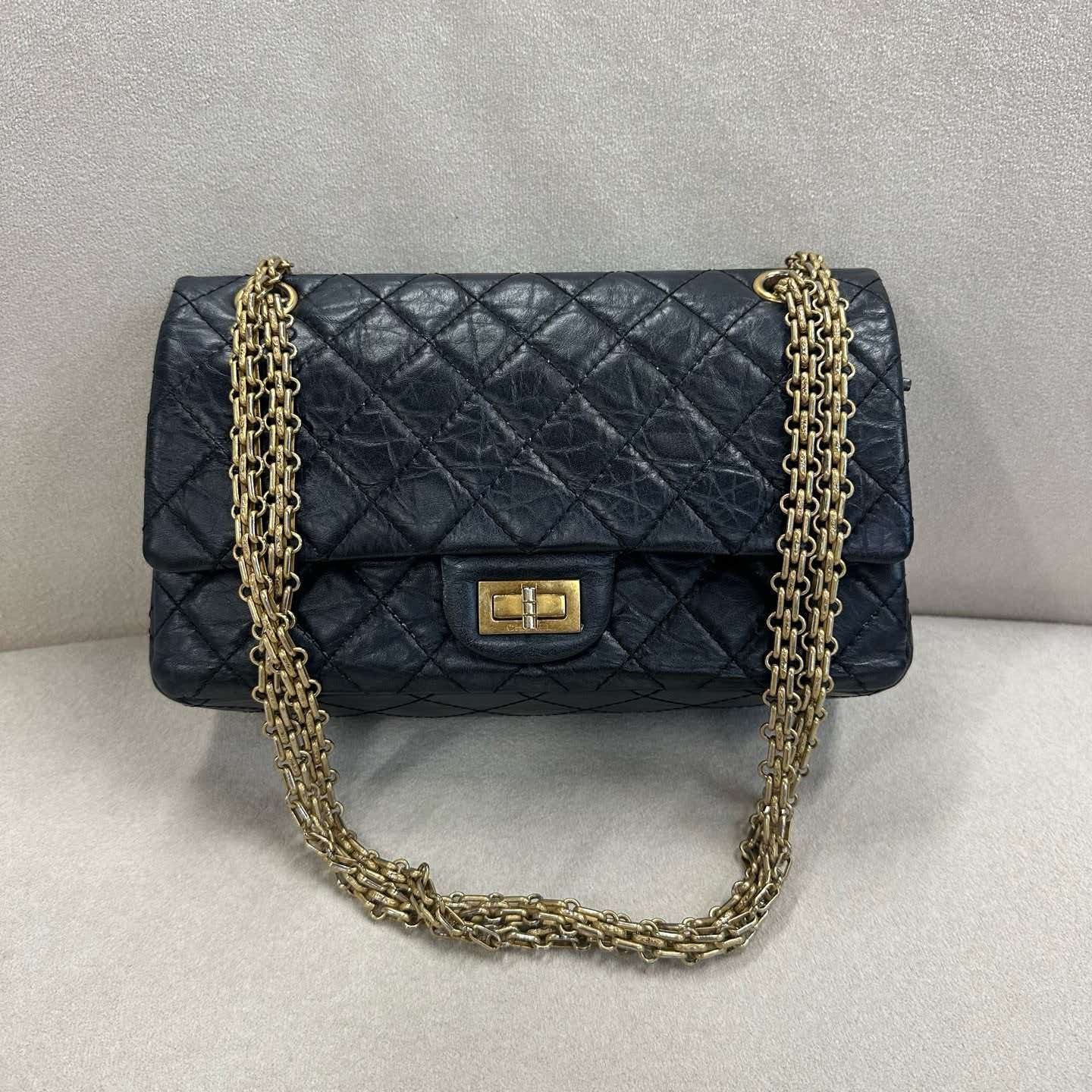 Chanel 2.55 Reissue Black Aged Calfskin Vintage Gold Re‑Lock Flap Shoulder Bag