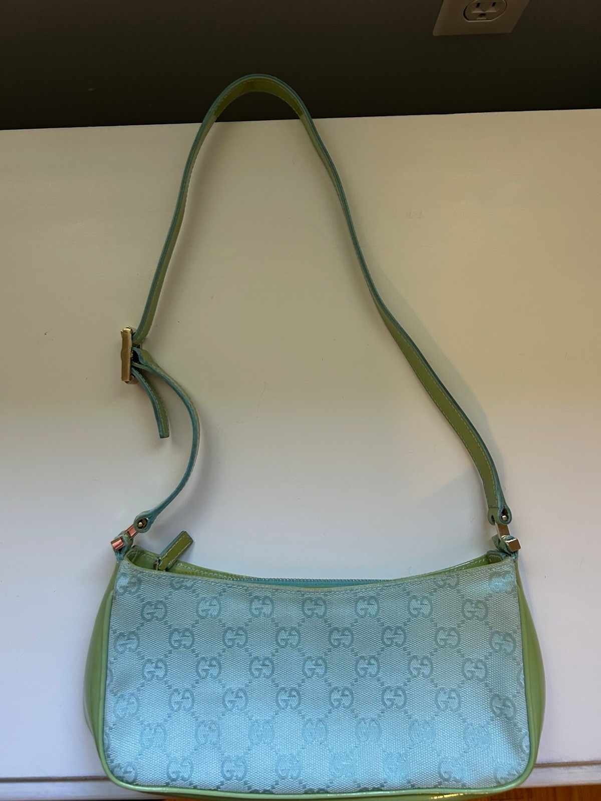 Vintage Gucci GG Monogram Light Blue Canvas Shoulder Bag Green Leather