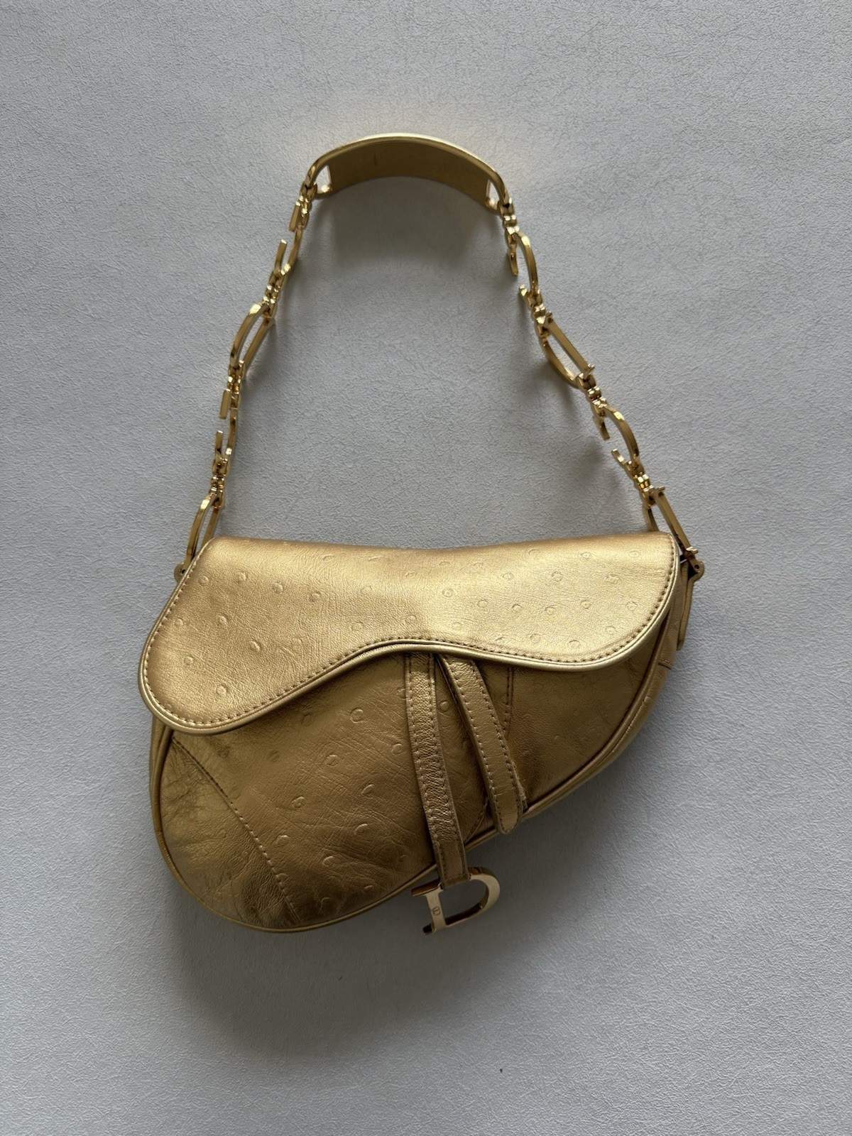 Christian Dior Vintage Gold Ostrich Leather Saddle Bag