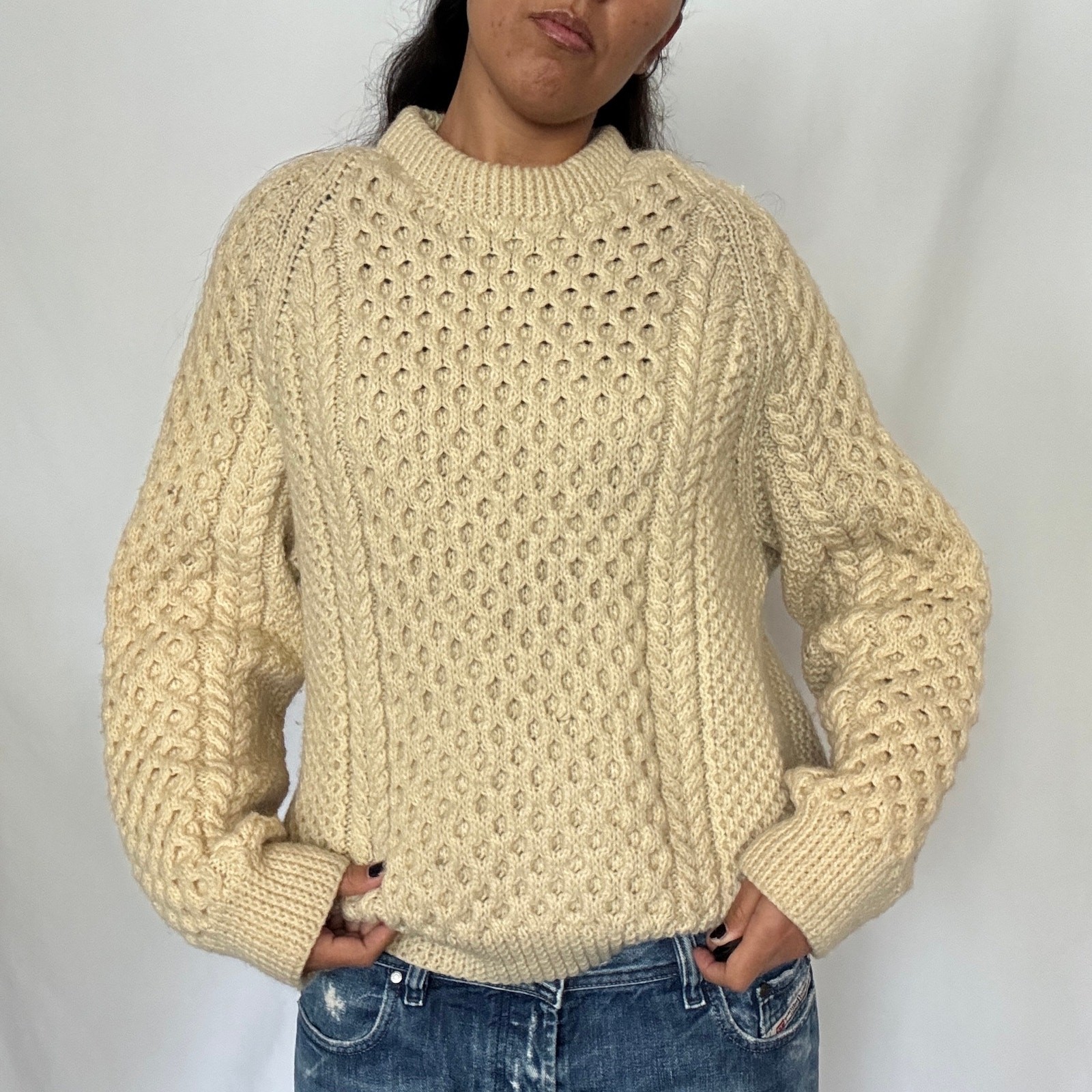 Vintage 70s Cream Heavyweight Aran Cable Knit Fisherman Wool Sweater Mens M