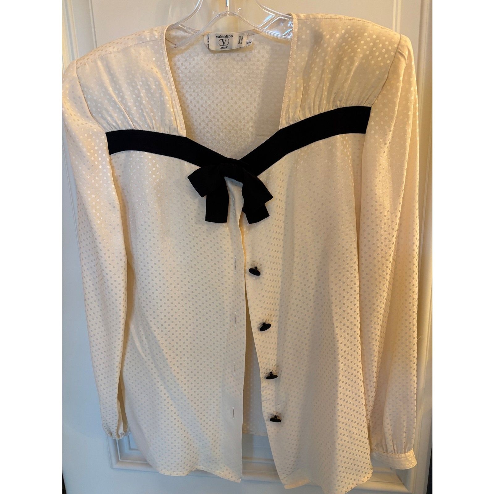 Vintage Valentino Miss V Ivory Dot Jacquard Blouse Black Velvet Bow Empire 40