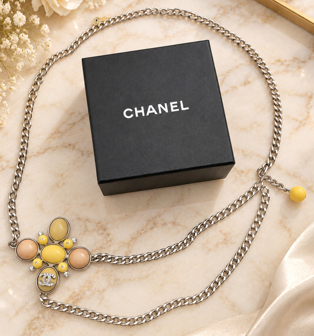 Auth Chanel 04A Clover Coco Yellow Multicolor Silver Tone Chain Belt Wb SK100032