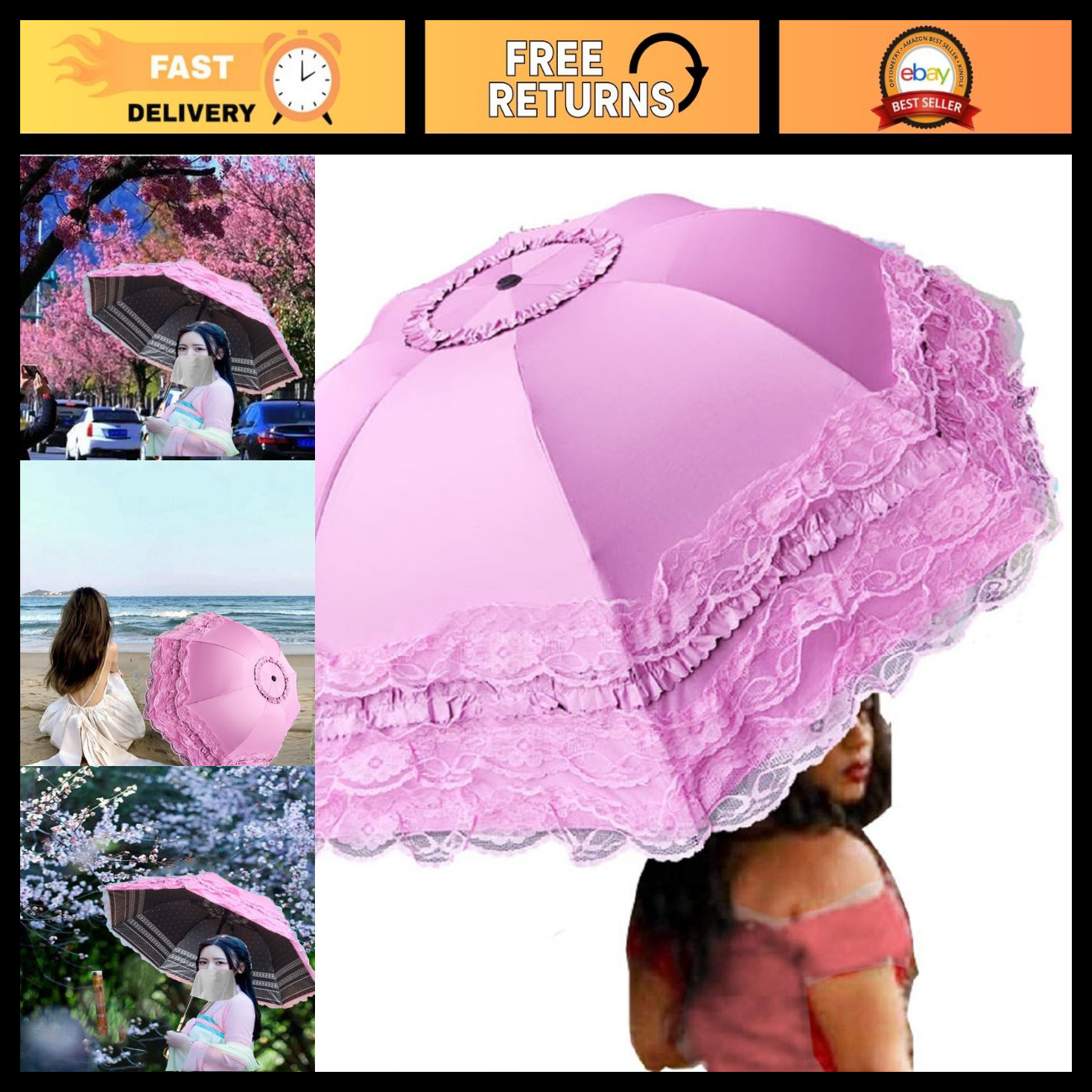 Vintage Foldable Lace Parasol Umbrella - Gothic Sunblock & Rain Protection, Phot