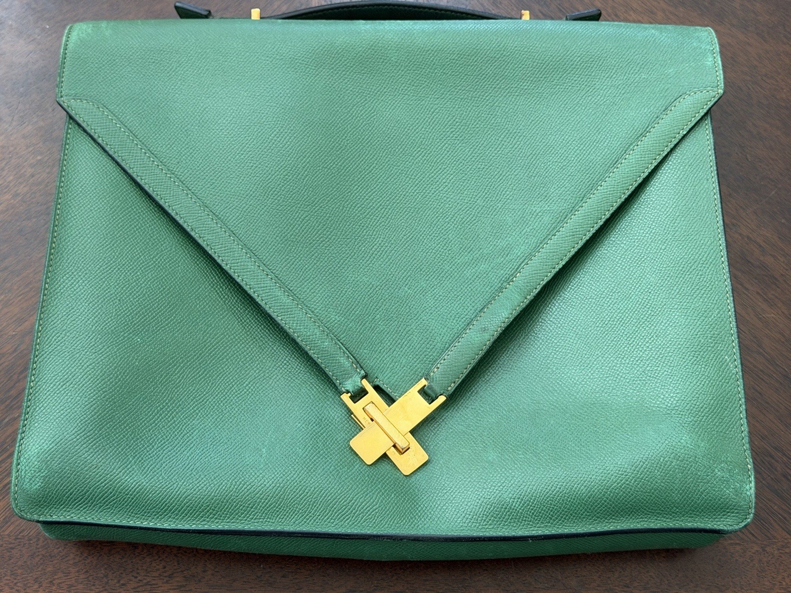  Hermès Kelly Green Courchevel Leather Briefcase Gold Hardware Vintage w/DustBag