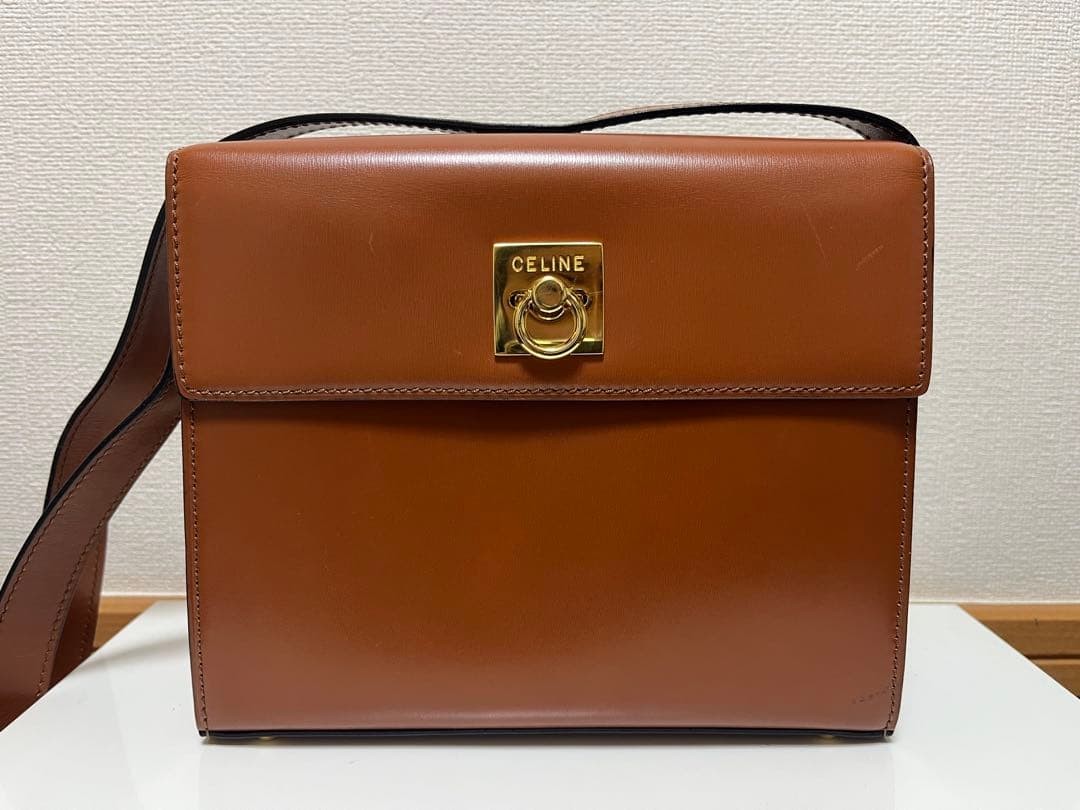 CELINE Vintage Gancini Leather Shoulder Bag Brown Authentic Rare Square Box