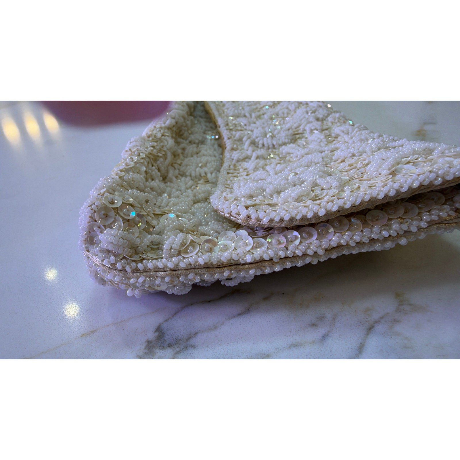 Vintage Hand Beaded Cream Sequin Envelope Clutch Floral Bridal Evening Bag