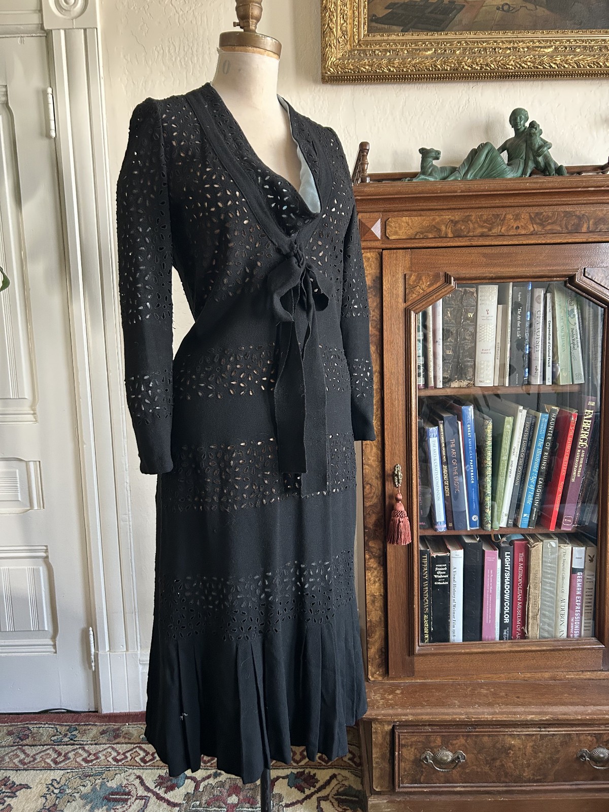 Antique 1920s 1930s Black Wool Dress Cutwork Eyelet Cowl Neck Bow Vintage S/M