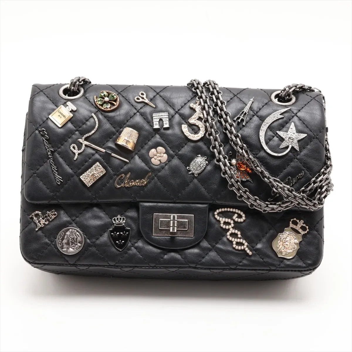 Chanel Matelasse 2.55 Vintage calf Double Flap Double Chain Bag Black Gunmetal F