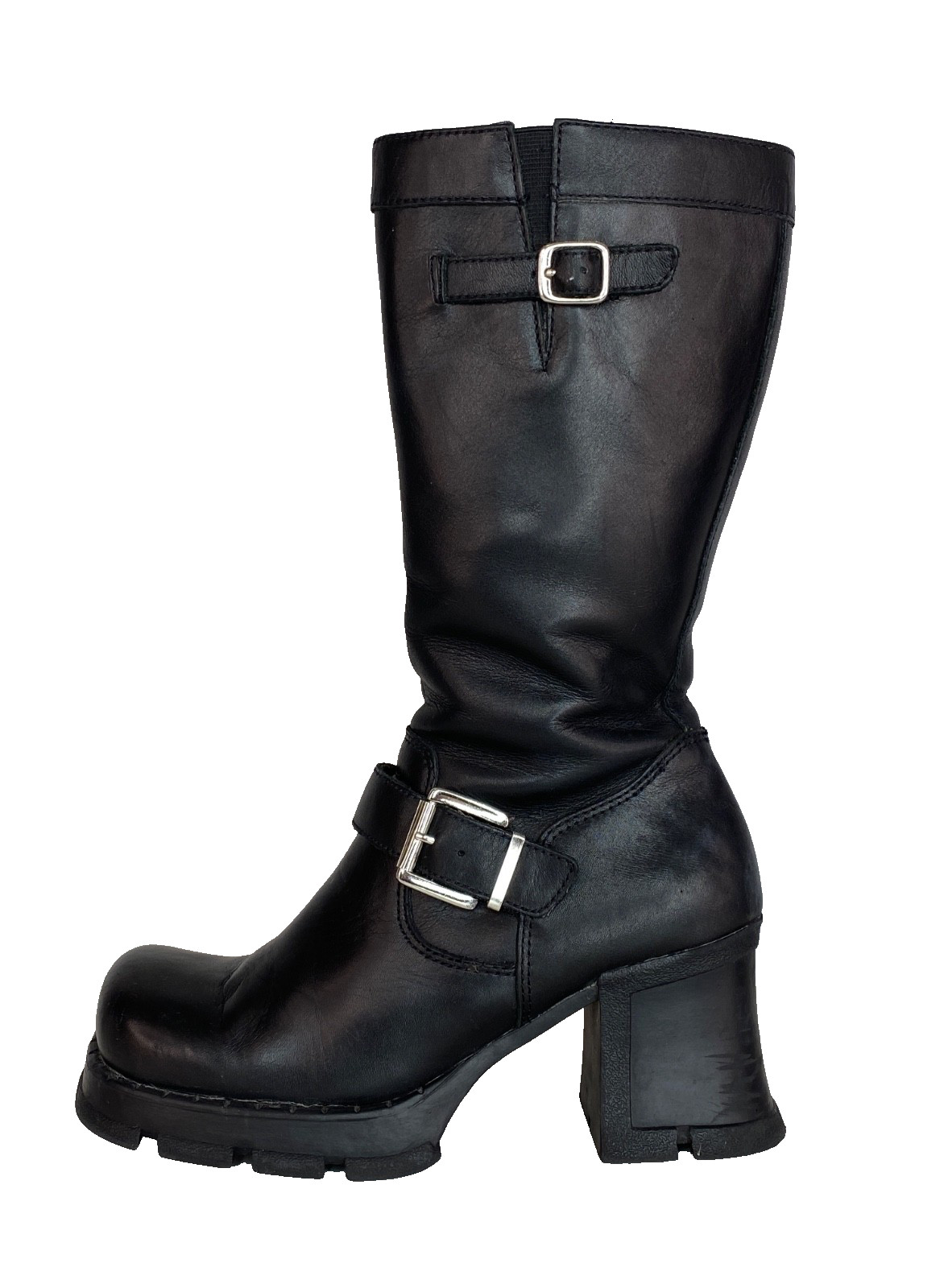 Vintage 1990s black leather tall platform boots 7 BACI silver buckle chunky goth