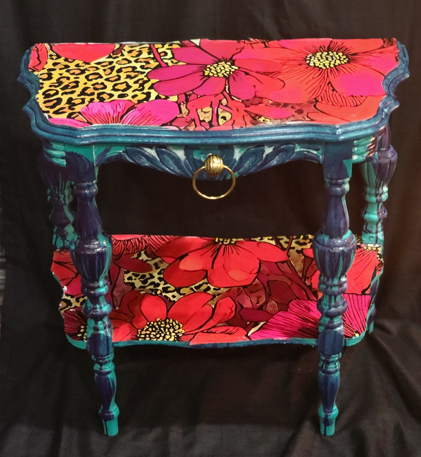 Vintage Solid Wood Table Teal Purple Floral Cheetah Art Deco - Vicious Vixen Art