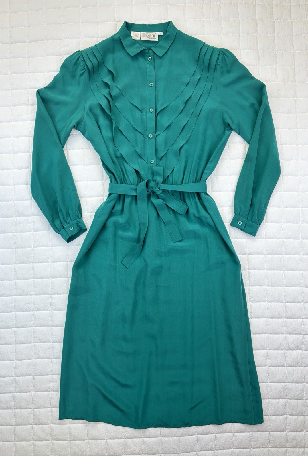 Vintage Kenar Silk 80s Turquoise/Teal Cocktail Midi Dress Long-Sleeved Size 6