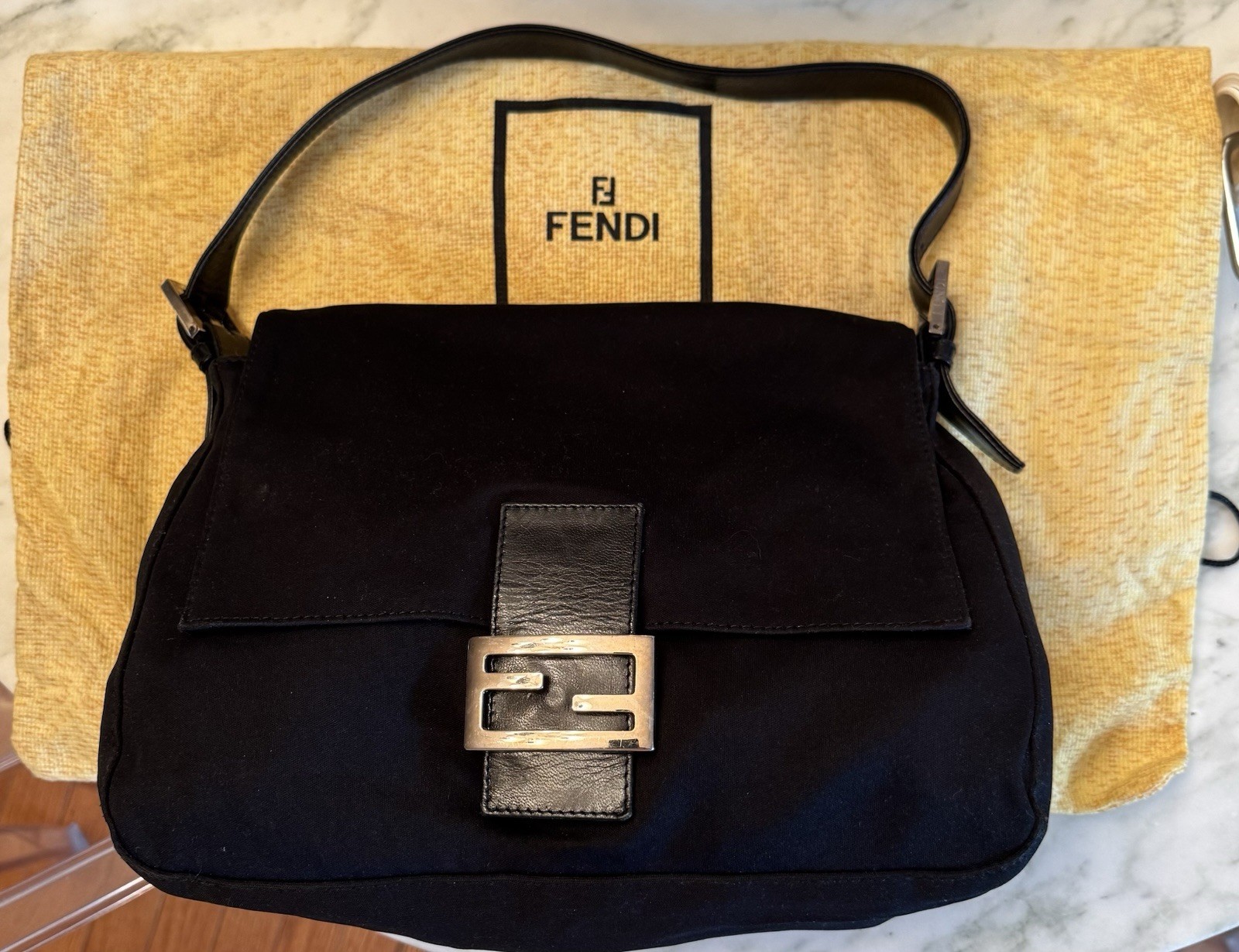 Vintage Fendi Mamma Baguette Bag Black Fabric With Original Dust Bag Excellent 