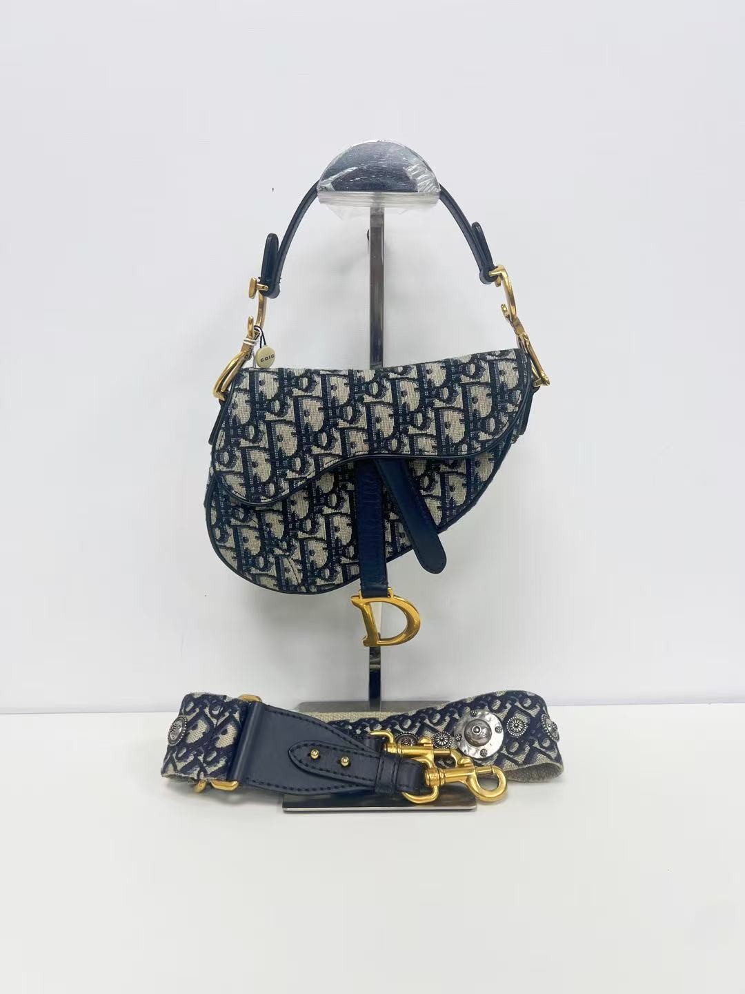 Christian Dior Small Saddle Bag Navy Oblique Jacquard Vintage Shoulder Bag